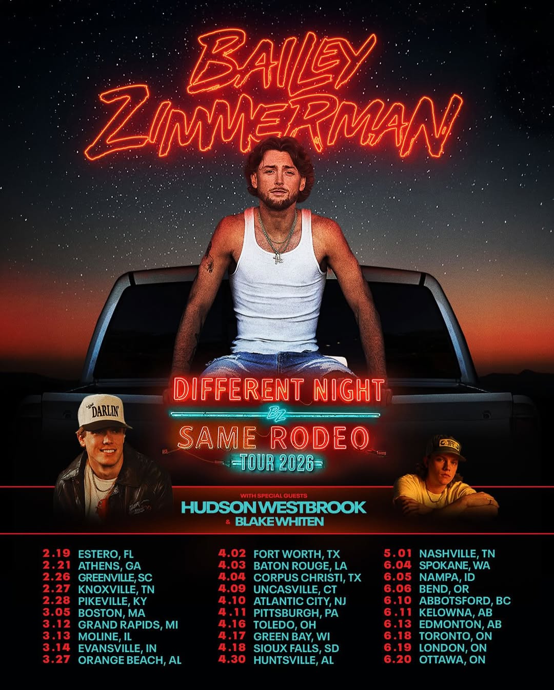 Bailey Zimmerman Different Night Same Rodeo Tour Poster 2026